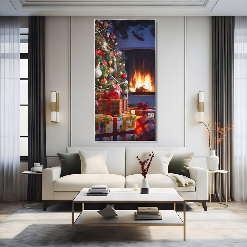 Tablou canvas cu brad de craciun langa semineu, in rama de aluminiu argintiu, pe perete intr-un living